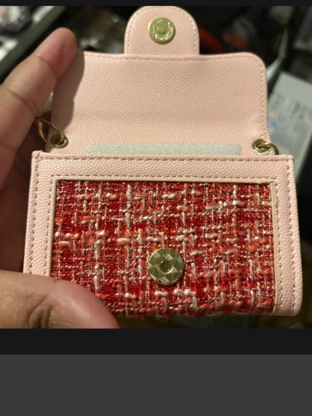 Pink and Red Tweed Compact Wallet/ Coin Purse With Pearl Strap